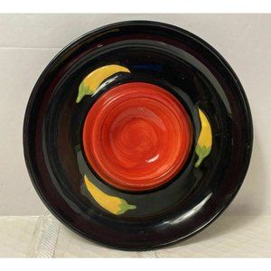 Black & Red Ceramic Margarita Salt Dish with Yellow Chili Peppers - 6 1/4 inch w